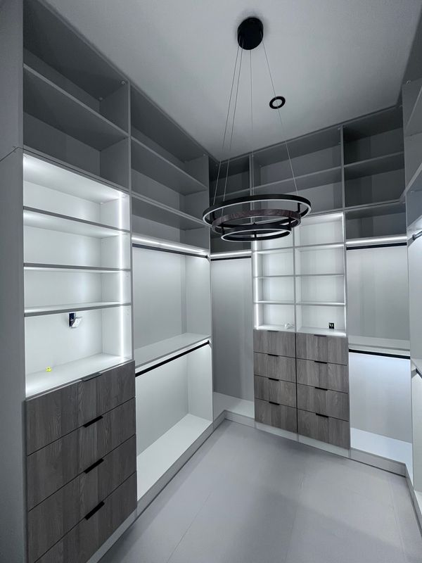 Grey wood drawers with LED lighting